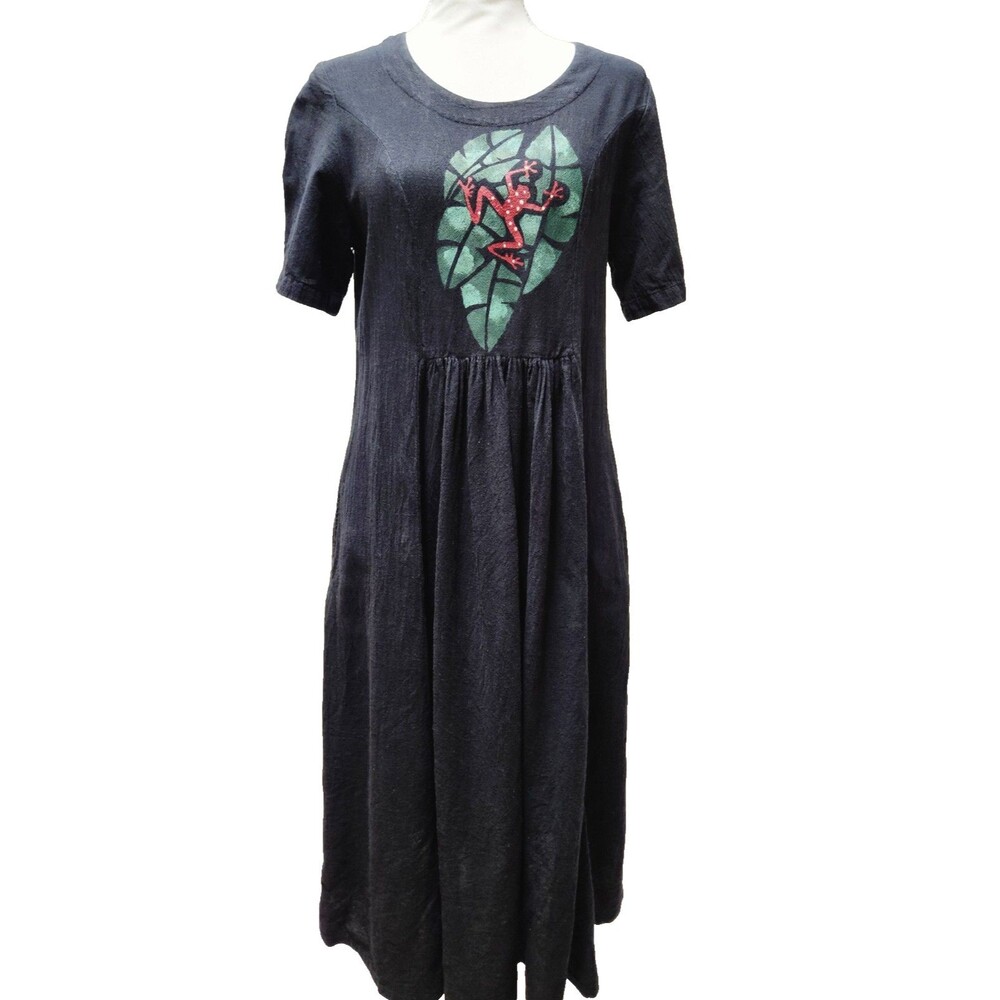 Brie Kriebel Art To Wear Dress Earthy Nature Frog Lily Pad Black 100% Cotton XS